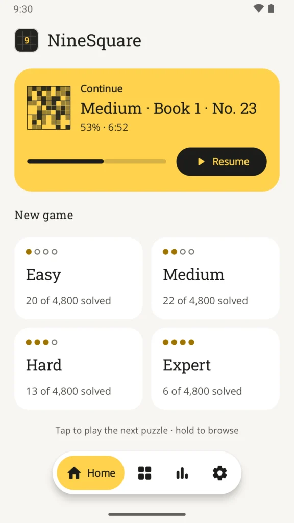 NineSquare home screen with a Continue card for Medium, Book 1, No. 23, and the four levels from Easy to Expert with puzzles solved in each