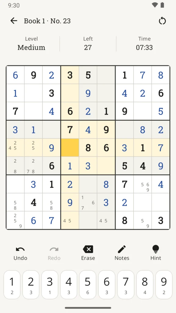 NineSquare puzzle screen with pencil marks, the selected cell’s row, column and box highlighted, and digit keys showing how many of each are left